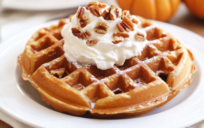 a waffle with cream and pecans on top