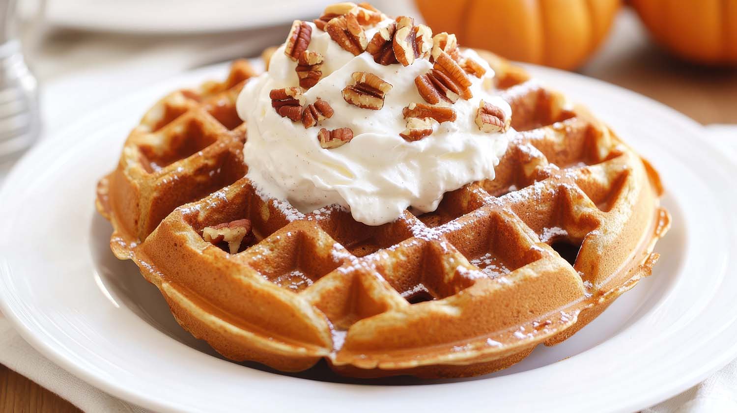 a waffle with cream and pecans on top