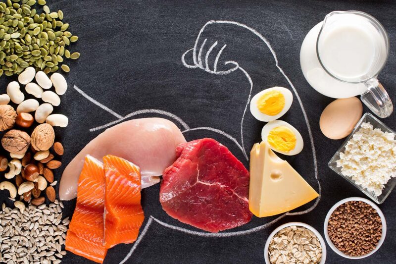 protein food items like beef, salmon, eggs and cheese on a chalkboard with a chalk outline of an arm with a bicep around it