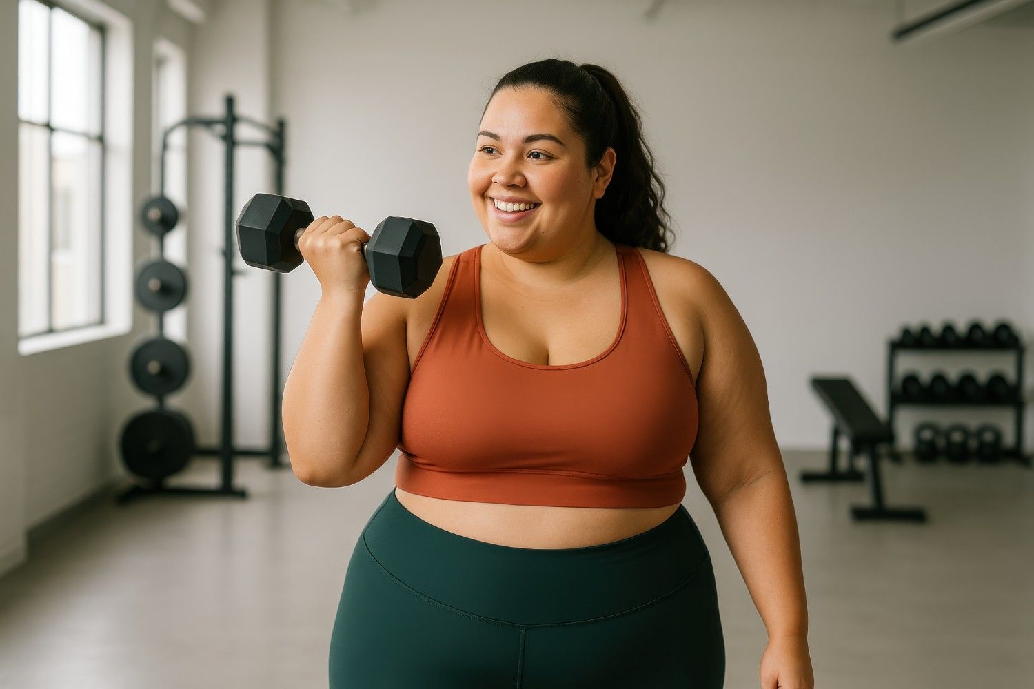Curvy woman smiling with dumbbell